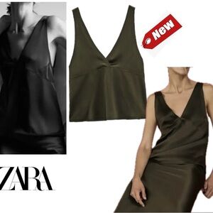 Zara khaki olive green satin effect V-neck sleeveless camisole tank top Sz M NWT